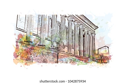 England, Birmingham. City skyline: architecture, buildings, streets, landscape, panorama, landmarks. Watercolor splash with Hand drawn sketch illustration in vector.
