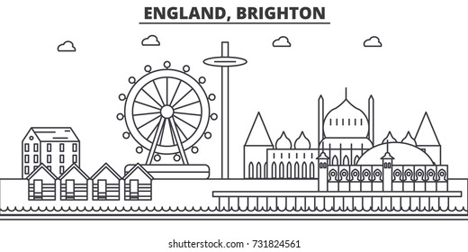 England, Brighton architecture line skyline illustration. Linear vector cityscape with famous landmarks, city sights, design icons. Landscape wtih editable strokes
