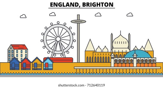 England, Brighton. City skyline: architecture, buildings, streets, silhouette, landscape, panorama, landmarks. Editable strokes. Flat design line vector illustration concept. Isolated icons set
