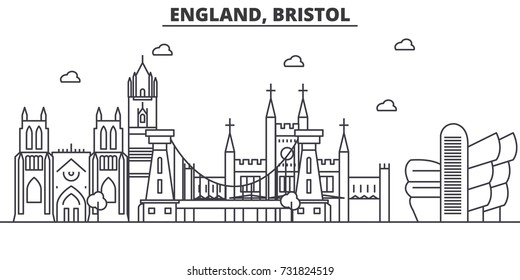 England, Bristol architecture line skyline illustration. Linear vector cityscape with famous landmarks, city sights, design icons. Landscape wtih editable strokes