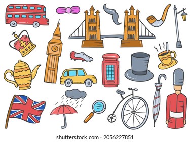 england or british country or nation doodle hand drawn set collections with flat outline style