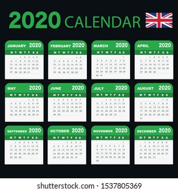 England calendar for 2020 year. Week starts from Monday. 