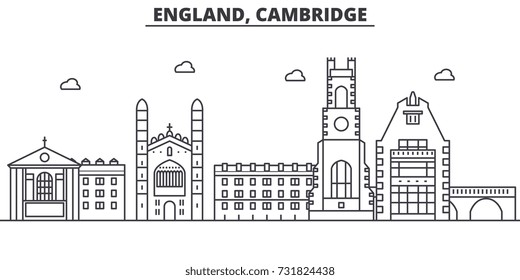 England, Cambridge architecture line skyline illustration. Linear vector cityscape with famous landmarks, city sights, design icons. Landscape wtih editable strokes