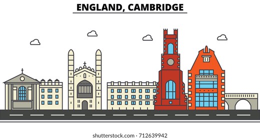 England, Cambridge. City skyline: architecture, buildings, streets, silhouette, landscape, panorama, landmarks. Editable strokes. Flat design line vector illustration concept. Isolated icons set