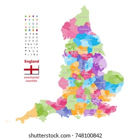 England ceremonial counties vector map. Flag of England. Navigation and location icons