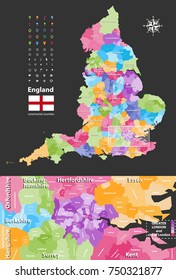 England ceremonial counties vector map of with close up of region include Greater London and nearest territories. Flag of England. Location, navigation and travel icons