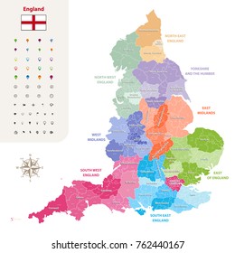 England ceremonial counties vector map colored by regions
