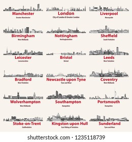 England cities skylines in black and white color palette. Vector set