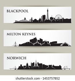 England cities skylines - Blackpool, Milton Keynes, Norwich, United Kingdom, UK, Great Britain - isolated vector illustration