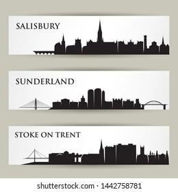 England cities skylines - United Kingdom, Salisbury, Sunderland, Stoke on Trent, Great Britain, UK - isolated vector illustration