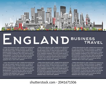 England City Skyline with Gray Buildings, Blue Sky and Copy Space. Vector Illustration. Concept with Historic Architecture. England Cityscape with Landmarks. Bristol. Leeds. Sheffield. London.