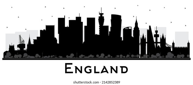 England City Skyline Silhouette with Black Buildings Isolated on White. Vector Illustration. Concept with Historic Architecture. England Cityscape with Landmarks. Bristol. Leeds. Sheffield. London.