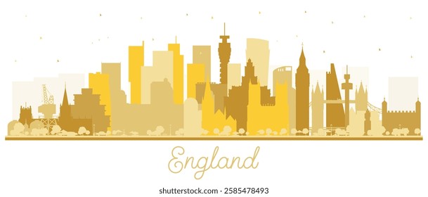 England City Skyline Silhouette with golden Buildings Isolated on White. Vector Illustration. Concept with Historic Architecture. England Cityscape with Landmarks. Bristol. Leeds. Sheffield. London.