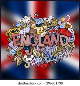 England country hand lettering and doodles elements and symbols emblem. Vector blurred  flag background