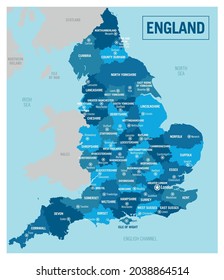 Mapa político de la región de Inglaterra. Ilustración vectorial muy detallada con provincias, departamentos, regiones, condados, ciudades y estados aislados, fácil de desagrupar.