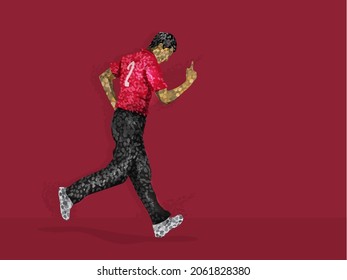 England Cricket Player Raising Index Finger With Irregular Dots Effect And Copy Space On Red Background.