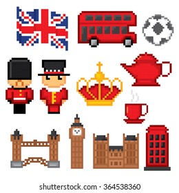 England culture symbols icons set. Pixel art. Old school computer graphic style.