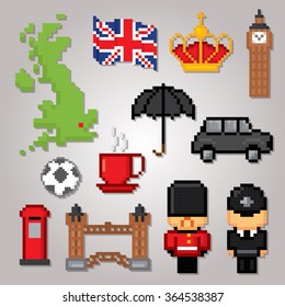 England culture symbols icons set. Pixel art. Old school computer graphic style.