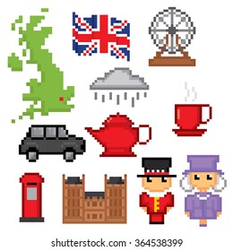England culture symbols icons set. Pixel art. Old school computer graphic style.