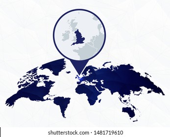 England detailed map highlighted on blue rounded World Map. Map of England in circle.