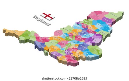 Mapa isométrico de los distritos de Inglaterra coloreado por condados ceremoniales