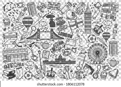 England doodle set. Collection of hand drawn sketches templates of english United Kingdom culture architecture and national cuisine transparent background. Anglo saxon country tratidions illustration. svg
