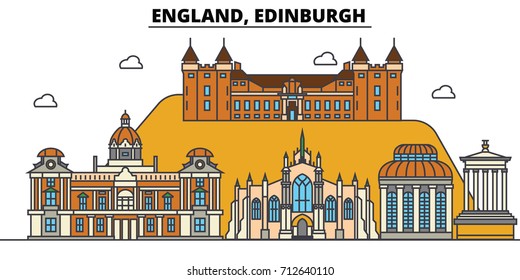 England, Edinburgh. City skyline: architecture, buildings, streets, silhouette, landscape, panorama, landmarks. Editable strokes. Flat design line vector illustration concept. Isolated icons set