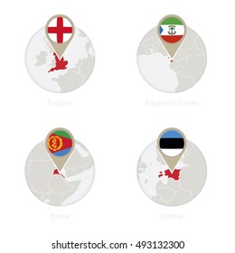 England, Equatorial Guinea, Eritrea, Estonia map and flag in circle. Vector Illustration.