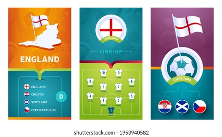 European 2020 Football Vertikal Banner Set für soziale Medien. England Group D Banner mit isometrischer Karte, Pin-Flagge, Spielplan und Line-Up auf Fußballfeld