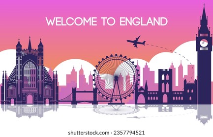 England famous landmark silhouette style with travel and by flag color design tourism,vector illustration