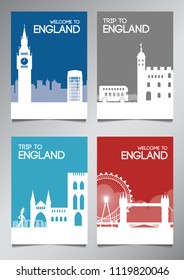 England famous landmark and symbol in silhouette style with national flag color theme brochure set,vector illustration