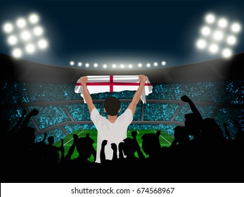 England fan stand up and hand flag in silhouette group to celebrate the team win in the soccer match on the stadium with spotlight background, design for template in vector illustration