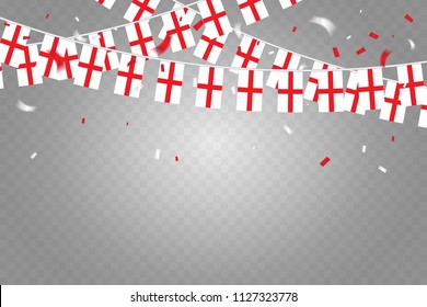 England Flag Bunting With Many Falling Tiny Red And White Confetti On Background. Celebration & Congratulations. Sport Soccer, Football Decoration. Vector