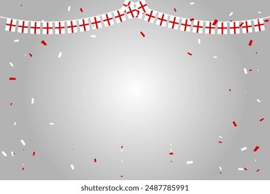 England Flag Bunting With Many Falling Tiny Red And White Confetti On Background. Celebration Congratulations. Sport Soccer, Football Decoration. Vector Illustration