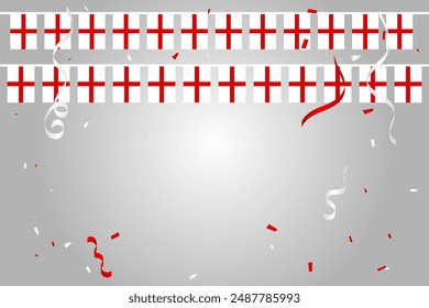 England Flag Bunting With Many Falling Tiny Red And White Confetti, Ribbon On Background. Celebration Congratulations. Sport Soccer, Football Decoration. Vector Illustration