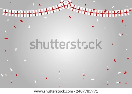 England Flag Bunting With Many Falling Tiny Red And White Confetti On Background. Celebration Congratulations. Sport Soccer, Football Decoration. Vector Illustration