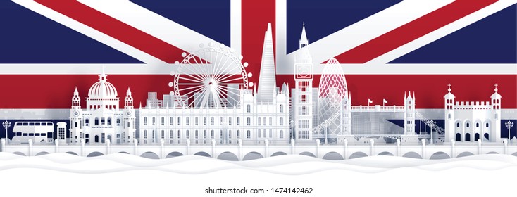 England flag and famous landmarks in paper cut style vector illustration. 