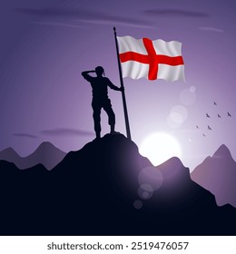 Bandeira da Inglaterra içada em um pico de montanha com um pôr do sol roxo no fundo, ilustração vetorial