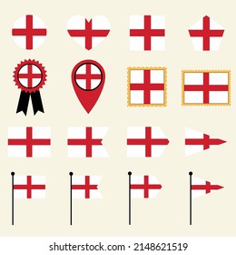 England Flag Icon Set In 16 Shape Versions. Collection Of England Flag Icons With Square, Circle, Heart, Triangle, Medal, Stamp And Location Shapes.