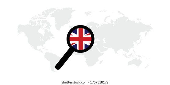 England flag in magnifying glass. Folded with location Route search tracking icon. Mark world map. Roads pointer navigator pins GPS. Fly pin travel information. Holiday vacation city trip. Union Jack.