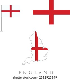 Bandera de Inglaterra, mapa Inglaterra, ondeando la bandera de Inglaterra, ilustración Vector 