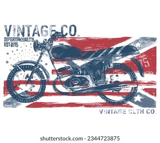 Bandera de Inglaterra con diseño de impresión gráfico vintage de moto. Obra acuática de la carrera de motos.