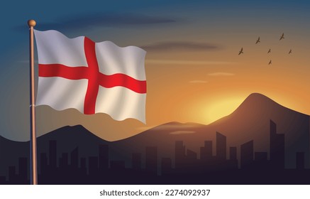 England flag with mountains and morning sun in the background