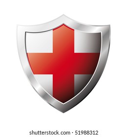 England flag on metal shiny shield vector illustration. Collection of flags on shield against white background. Abstract isolated object.
