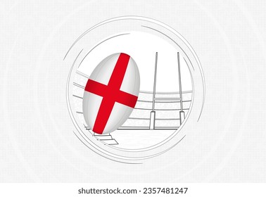 England flag on rugby ball, lined circle rugby icon with ball in a crowded stadium. Vector sport emblem on abstract background.
