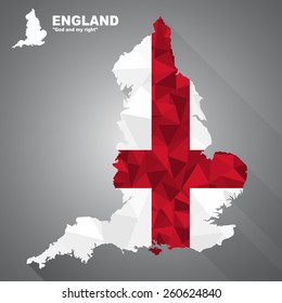 England flag overlay on England map with polygonal and long tail shadow style (EPS10 art vector)