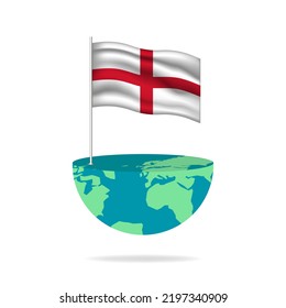 England flag pole on globe. Flag waving around the world. Easy editing and vector in groups. National flag vector illustration on white background.