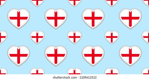 England flag seamless pattern. Vector English flags stickers. Love hearts symbols. Texture for language course, sports pages, travel, school ,geographic, patriotic design elements. Patriotic wallpaper