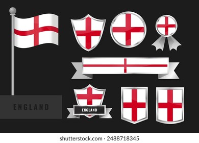 England flag set. Collection of England national emblems. Flat design of flags collection