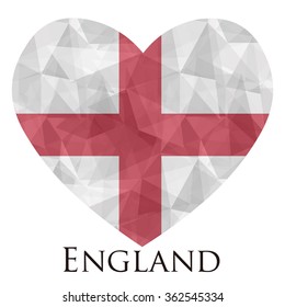 England flag shape heart in geometric rumpled triangular low poly origami style graphic illustration,mosaic polygonal style.Symbol of love to country.Retro or vintage style background.